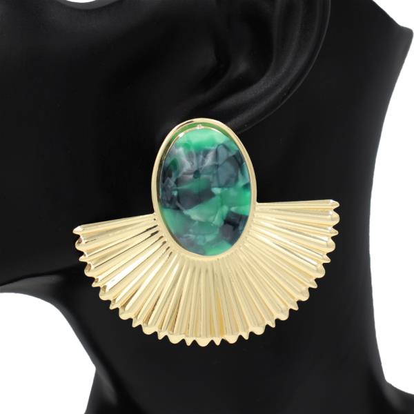 METAL PLEATED FAN OVAL CABOCHON STUD EARRING