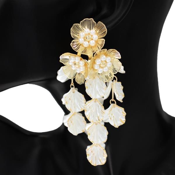 METAL PEARL FLOWER LEAF CASCADE DROP EARRING