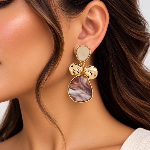 Marbled Teardrop Hammered Metal Disc Drop Earring
