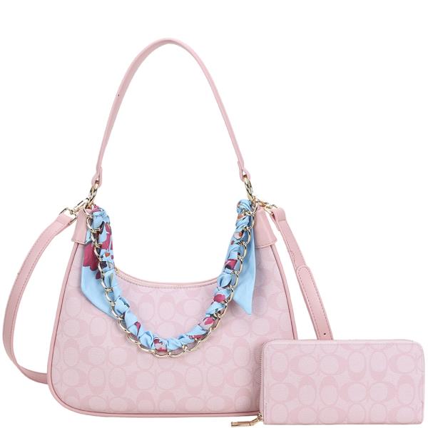 2IN1 OVAL TEXTURE SCARF CHAIN SHOULDER BAG W WALLET SET