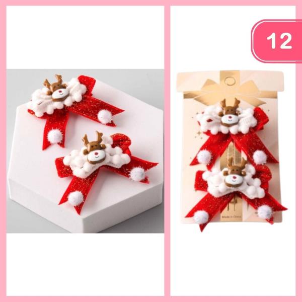 REINDEER POM RIBBON BOW CLIP (12 UNITS)