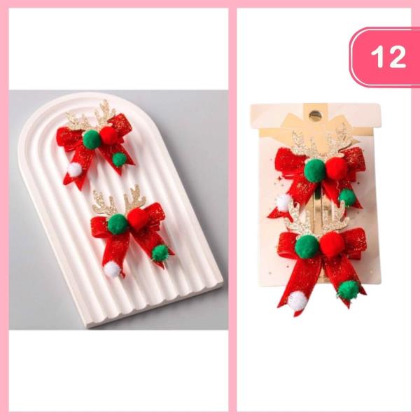 CHRISTMAS ANTLER BOW POM CLIPS (12 UNITS)
