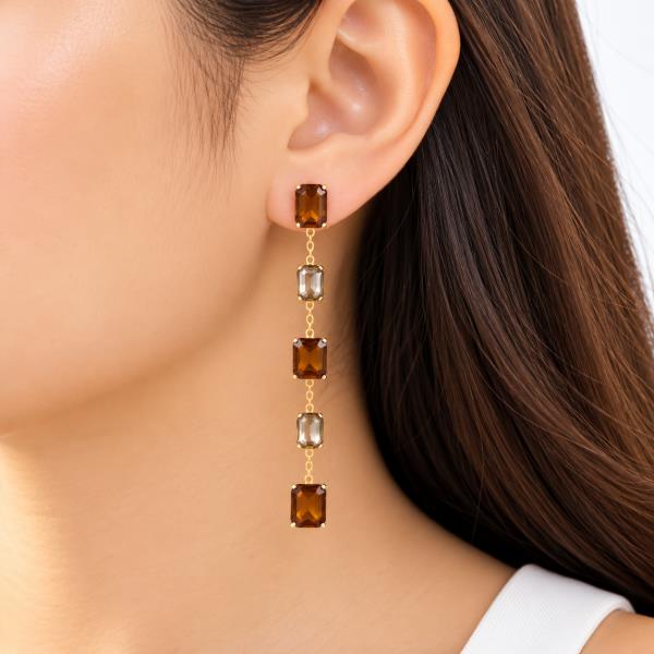 CRYSTAL STONE RECTANGLE CHAIN LINEAR DROP EARRING