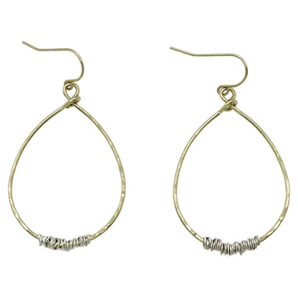 METAL TWO TONE WIRE WRAPPED OPEN TEARDROP DANGLE EARRING