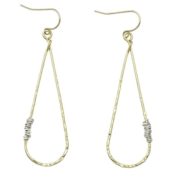 METAL TWO TONE WIRE WRAPPED ELONGATED TEARDROP DANGLE EARRING