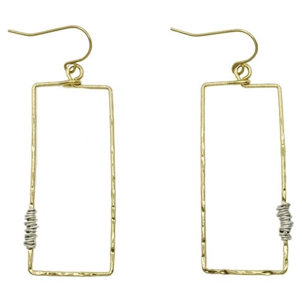 METAL TWO TONE WIRE WRAPPED OPEN RECTANGLE DANGLE EARRING