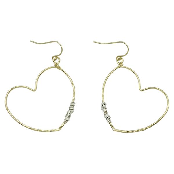METAL TWO TONE WIRE WRAPPED OPEN HEART DANGLE EARRING