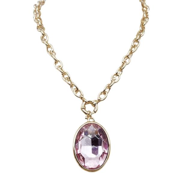 Crystal Stone Oval Pendant Link Chain Necklace