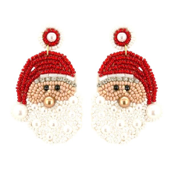 SEED BEAD PEARL RHINESTONE CHRISTMAS SANTA DANGLE EARRING