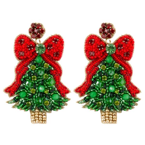 SEED BEAD CRYSTAL STONE RHINESTONE BOW CHRISTMAS TREE DANGLE EARRING