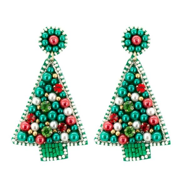 PEARL RHINESTONE CHRISTMAS TREE DANGLE EARRING