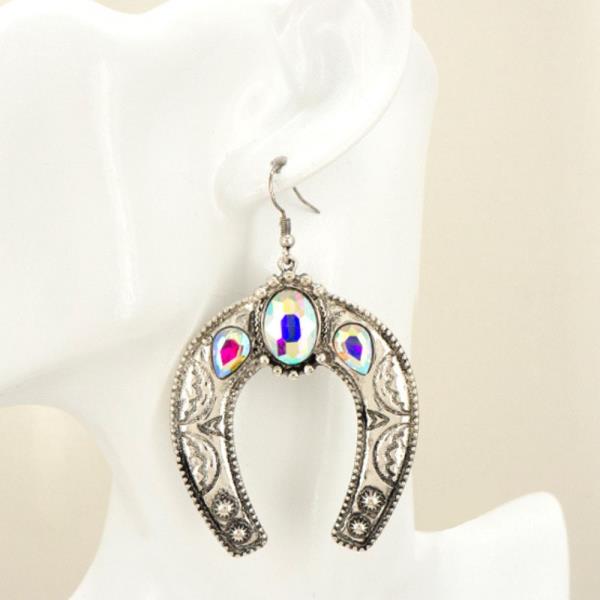 CRYSTAL STONE ENGRAVED METAL WESTERN HORSESHOE DANGLE EARRING
