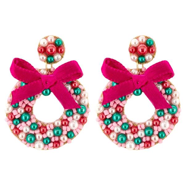 PEARL RHINESTONE BEADED CHRISTMAS WREATH DANGLE EARRING