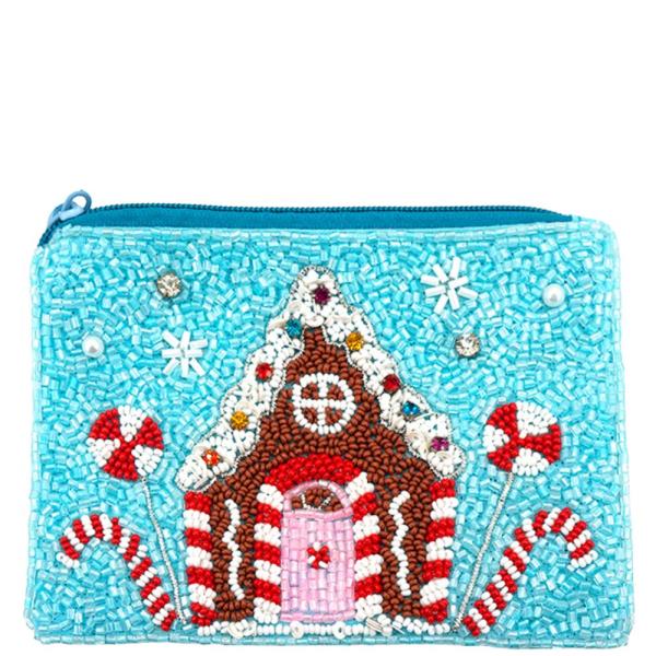 SEED BEAD CHRISTMAS GINGERBREAD HOUSE CANDY CANE COIN PURSE BAG