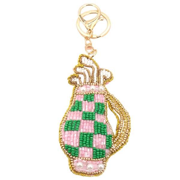 SEED BEAD PEARL CHECKERED GOLF BAG CHARM KEYCHAIN