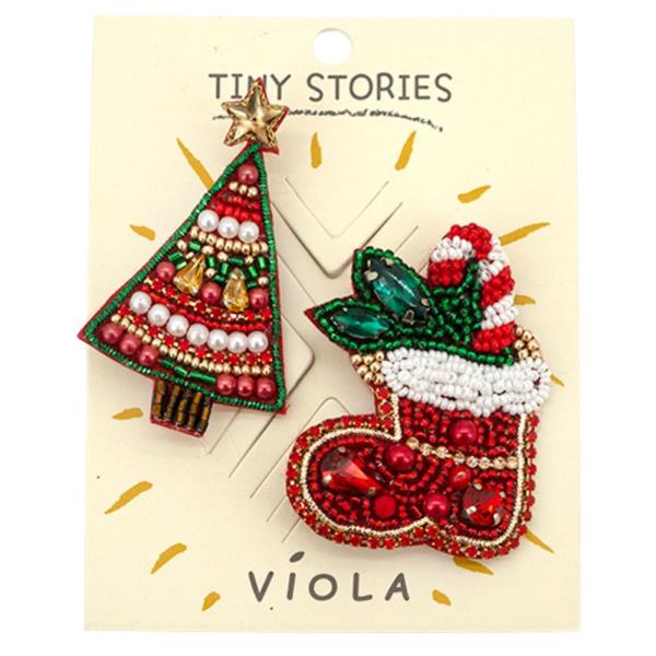SEED BEAD PEARL RHINESTONE CHRISTMAS TREE STOCKING BROOCH SET