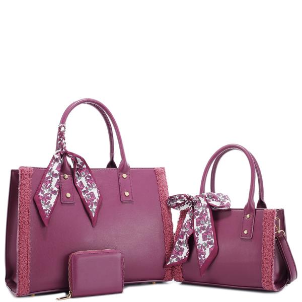 3IN1 STYLISH SHERPA TRIM SCARF DESIGN TOTE W MINI BAG AND WALLET SET