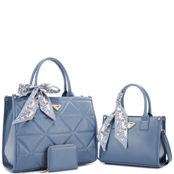 3IN1 TRIANGLE QUILTED SMOOTH DESIGN TOTE W MINI BAG AND WALLET SET