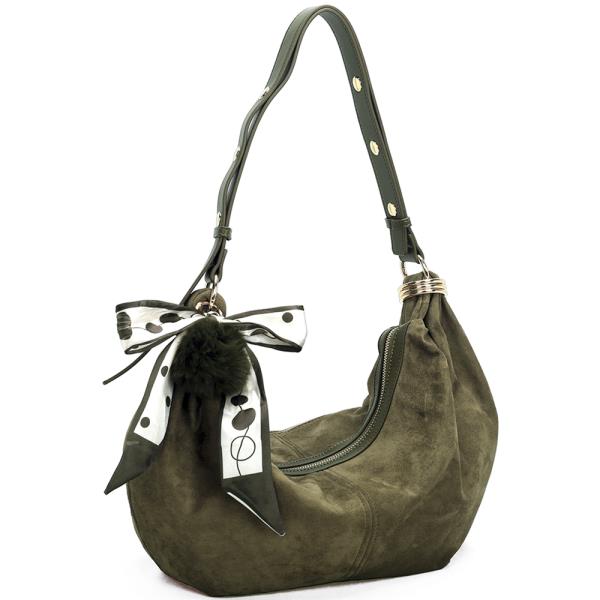 CHIC POLKA DOT RIBBON SCARF POM POM CHARM CURVED SHOULDER BAG