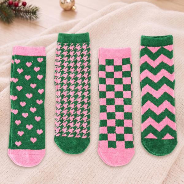 HEART HOUNDSTOOTH CHECKERED CHEVRON FUZZY CREW SOCKS (12 UNITS)