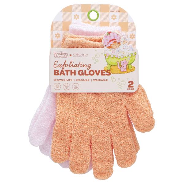 CELAVI X STRAWBERRY SHORTCAKE EXFOLIATING 2 PAIRS BATH GLOVES