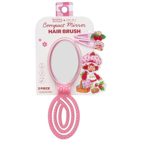CELAVI X STRAWBERRY SHORTCAKE COMPACT MIRROR HAIR BRUSH W HAIR CLIPS SET