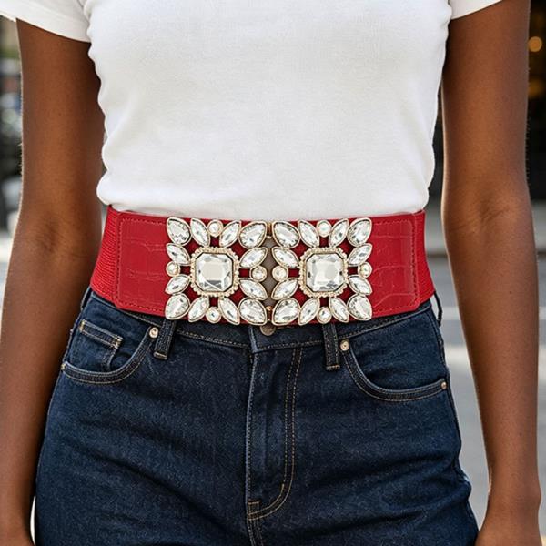 ORNATE RHINESTONE BUCKLE CROC EMBOSSED STRETCH WAIST BELT