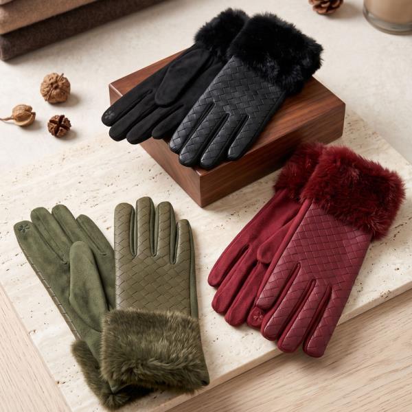 QUILTED FAUX LEATHER  FAUX SUEDE TOUCHSCREEN FUR GLOVES