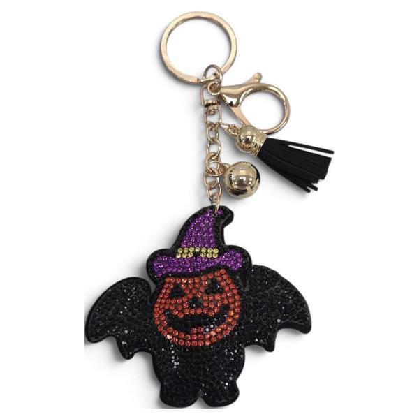 RHINESTONE HALLOWEEN PUMPKIN BAT WITCH HAT KEYCHAIN WITH TASSEL