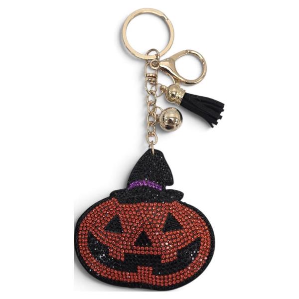 RHINESTONE HALLOWEEN JACK O LANTERN WITCH HAT KEYCHAIN WITH TASSEL