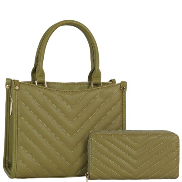 2IN1 CHEVRON QUILTED HANDLE SATCHEL BAG W WALLET SET