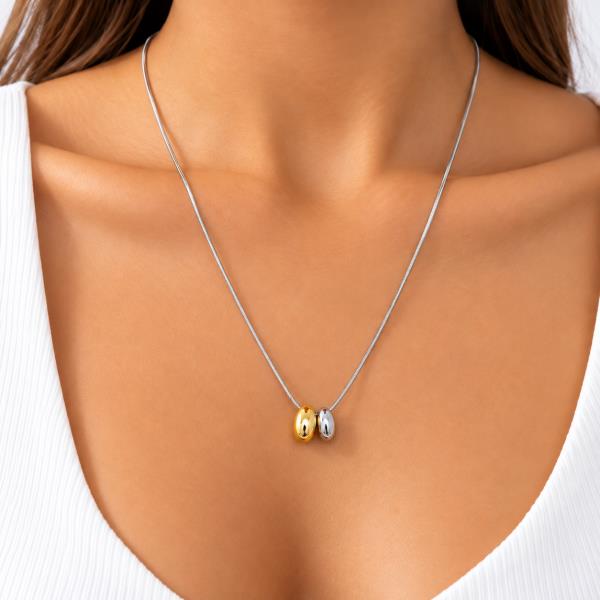 TWO TONE METAL DOUBLE OVAL BEAD SNAKE CHAIN NECKLACE
