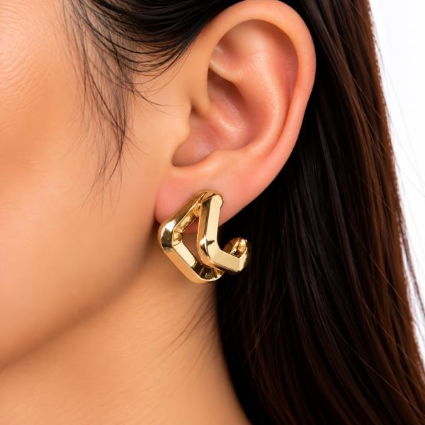 SODAJO GOLD DIPPED PUFFY ANGULAR DOUBLE HOOP EARRING