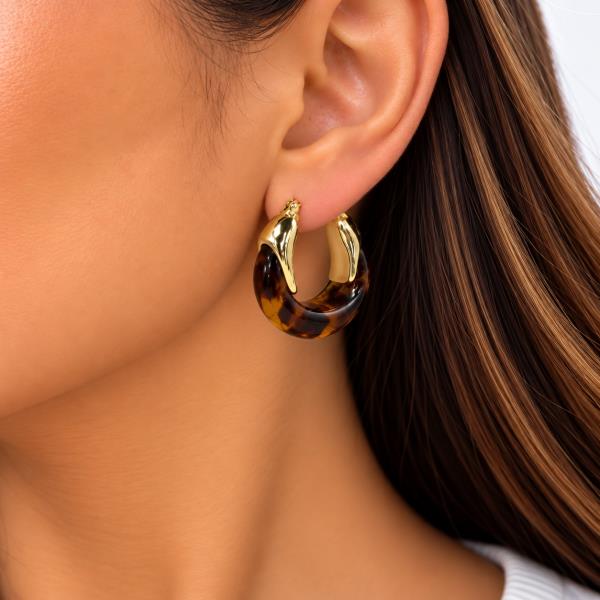 GOLD DIPPED TORTOISE PATTERN PUFFY HOOP EARRING