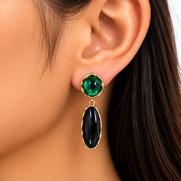 SODAJO GOLD DIPPED ROUND OVAL CABOCHON DANGLE EARRING