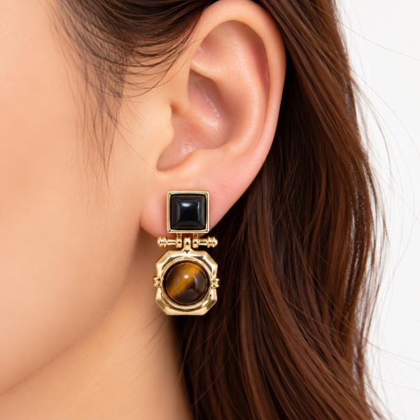 SODAJO GOLD DIPPED SQUARE ROUND CABOCHON OCTAGON FRAME DANGLE EARRING