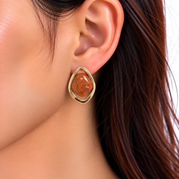 SODAJO GOLD DIPPED MARBLED CABOCHON OPEN FRAME DIAMOND STUD EARRING