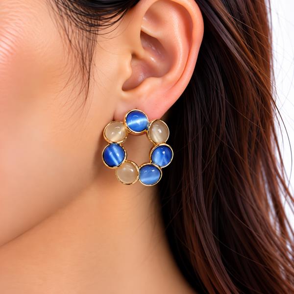 SODAJO GOLD DIPPED CAT EYE CABOCHON OPEN CIRCLE STUD EARRING