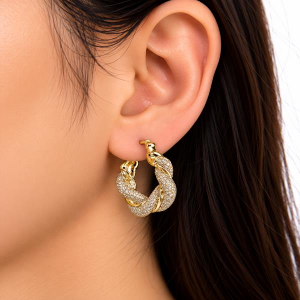 SODAJO GOLD DIPPED RHINESTONE PUFFY TWISTED HOOP EARRING
