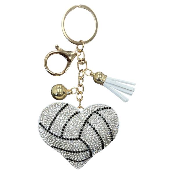 RHINESTONE VOLLEYBALL HEART KEYCHAIN WITH TASSEL