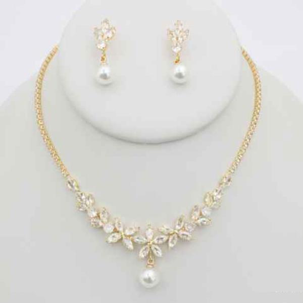 CZ Pearl Floral Vine Necklace Earring Set