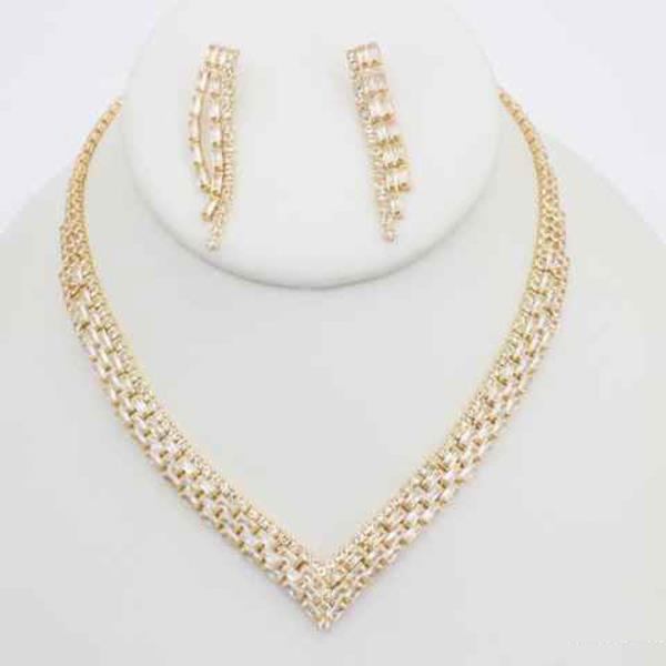 CZ Multi Row V Necklace Earring Set