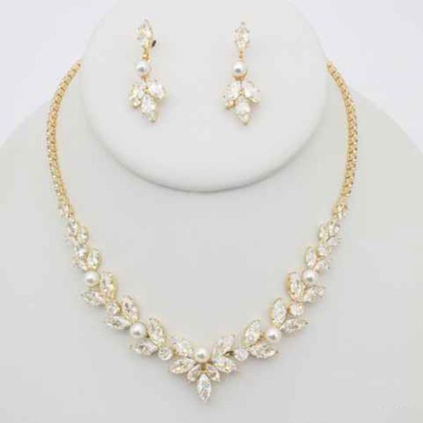 CZ Pearl Marquise Leaf Necklace Earring Set