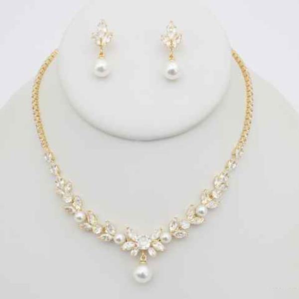 CZ Pearl Floral Pendant Necklace Earring Set