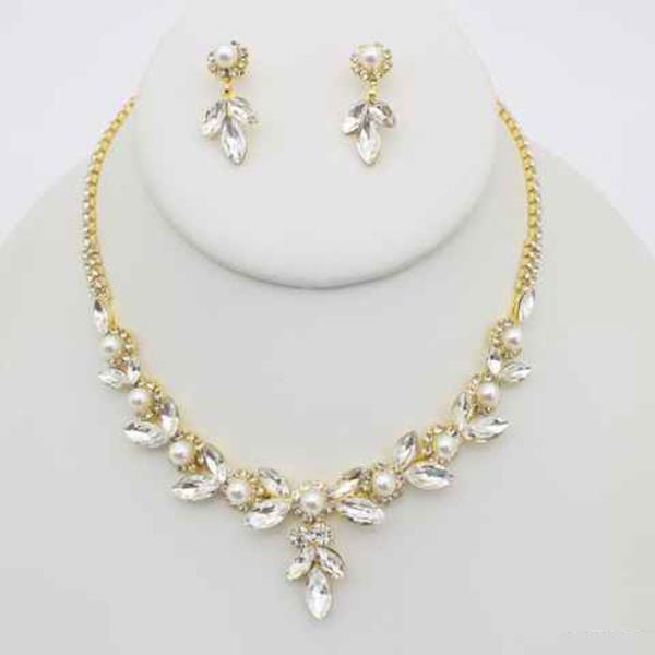 Pearl Crystal Rhinestone Leaf Necklace Earring Set