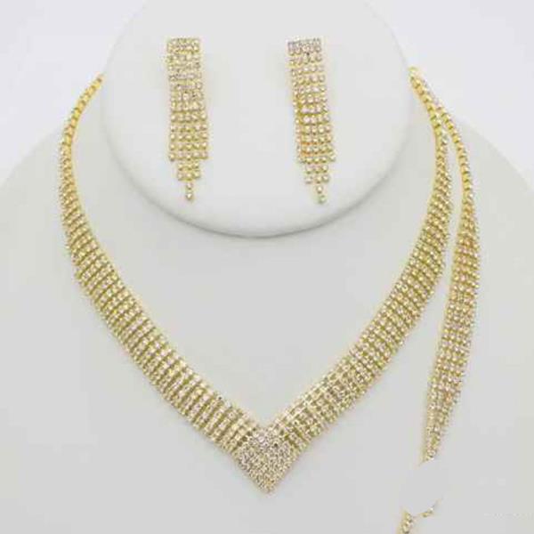 Rhinestone Row V Bracelet Necklace Earring Set