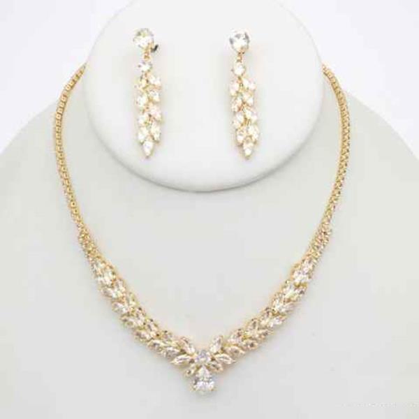 CZ Marquise Leaf V Necklace Earring Set