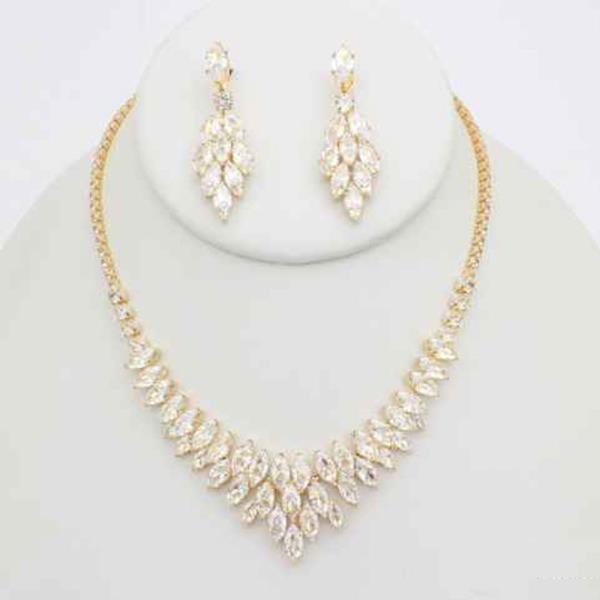 CZ Layered Marquise Leaf Necklace Earring Set