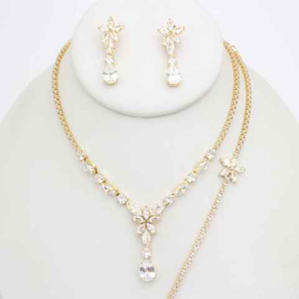 CZ Floral Pendant Bracelet Necklace Earring Set