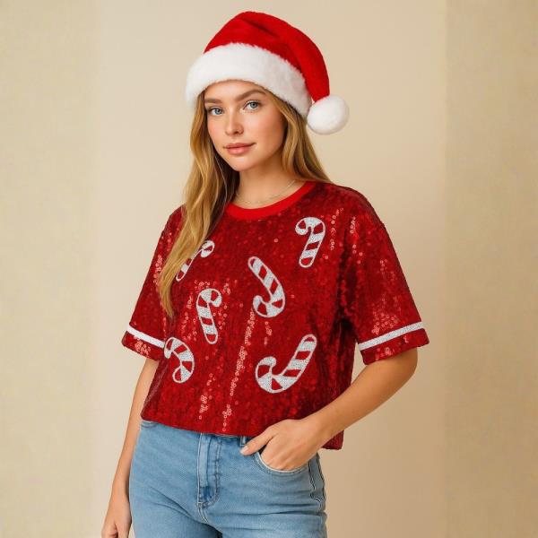 SEQUIN CHRISTMAS CANDY CANE SHORT SLEEVE CROP TOP